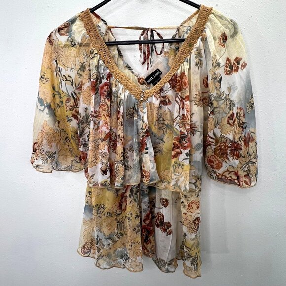 Wet Seal Blouse Top M Floral Semi Sheer Tiered Crochet Rhinestones Mustard Tan - Picture 3 of 6